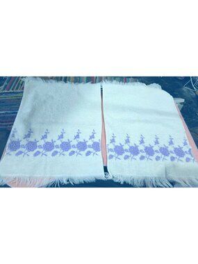 Vintage White Purple Embroidered Floral Cotton Hand Towels By Dundee  Fringe Edg